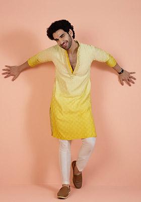 Yellow Embellished Cotton Kurta Set For Men