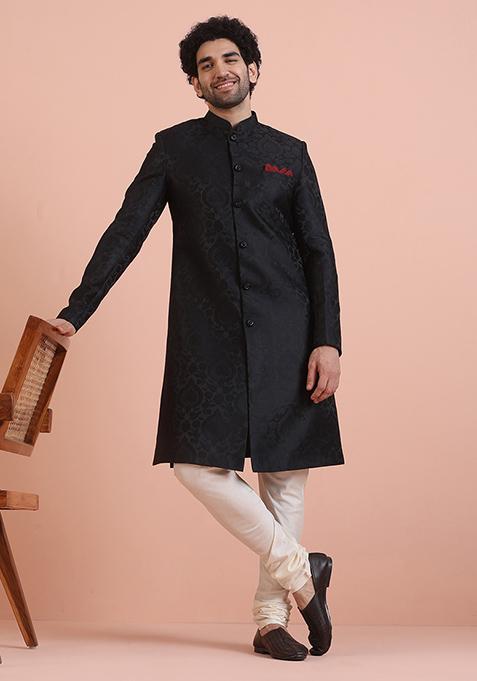 Black Jacquard Silk Blend Indo Western Sherwani Set For Men