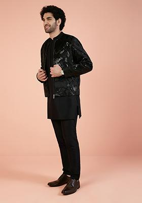 Black Abstract Print Velvet Indo Western Jacket For Men