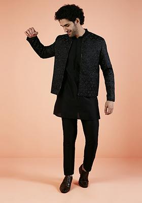 Beige Woven Design Silk Blend Indo Western Jacket For Men