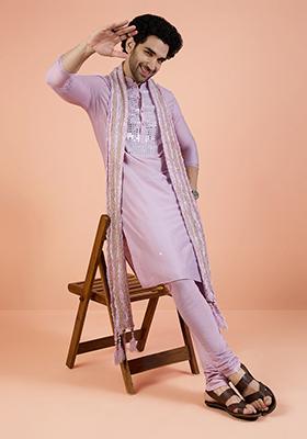 Onion Pink Embellished Cotton Kurta Set For Men
