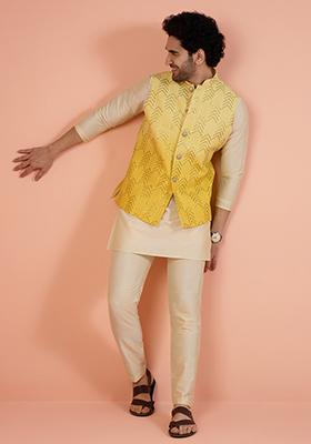 Yellow Embellished Cotton Nehru Jacket Set For Men