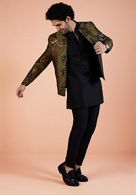 Green Abstract Print Silk Blend Indo Western Jacket For Men