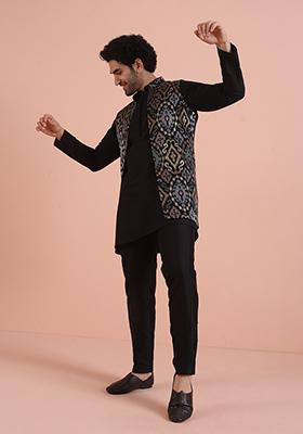 Black Embroidered Cotton Nehru Jacket Set For Men