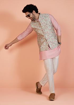 Multi Colour Jacquard Silk Blend Nehru Jacket Set For Men