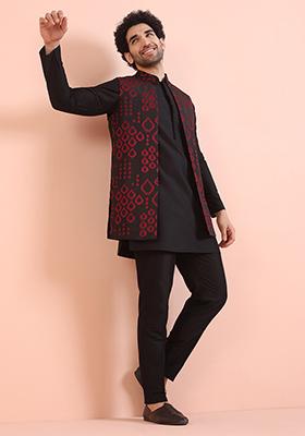 Black Embroidered Silk Blend Nehru Jacket Set For Men
