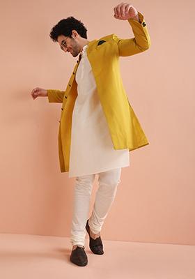 Yellow Solid Cotton Indo Western Sherwani Set For Men