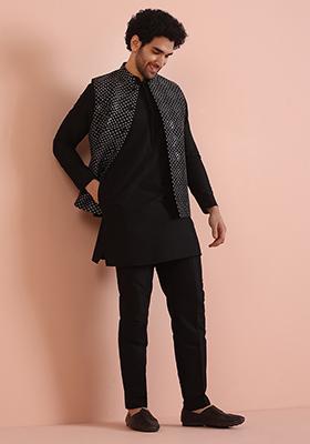 Black Embroidered Silk Blend Nehru Jacket Set For Men