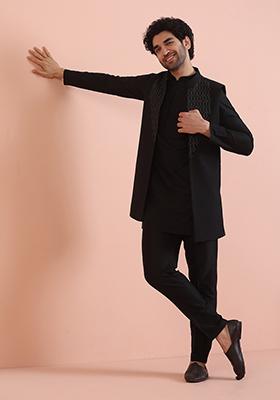 Black Embellished Cotton Nehru Jacket Set For Men