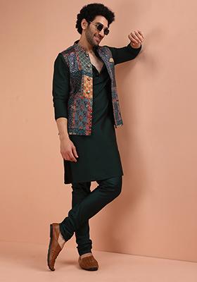 Multi Colour Printed Silk Blend Nehru Jacket Set For Men