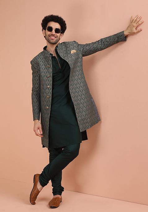 Grey Jacquard Silk Blend Indo Western Sherwani Set For Men