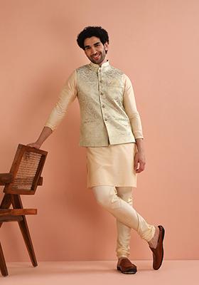 Cream Jacquard Silk Blend Nehru Jacket Set For Men