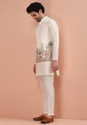 Off White Embroidered Cotton Nehru Jacket Set For Men