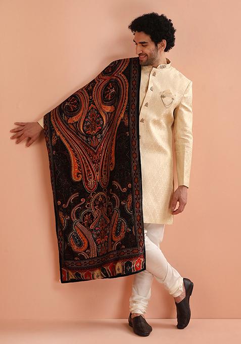 Cream Jacquard Silk Blend Indo Western Sherwani Set For Men