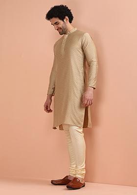 Beige Woven Design Silk Blend Kurta Set For Men