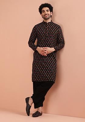 Black Printed Cotton Kurta Set For Men