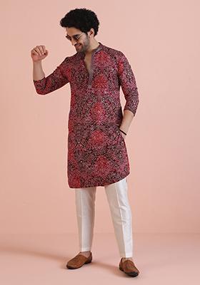 Magenta Printed Cotton Kurta Set For Men