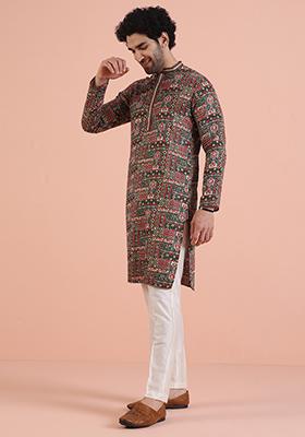 Green Printed Cotton Kurta Set For Men