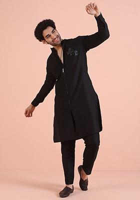 Black Solid Cotton Kurta Set For Men