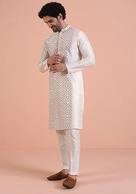 Off White Printed Cotton Kurta Set For Men
