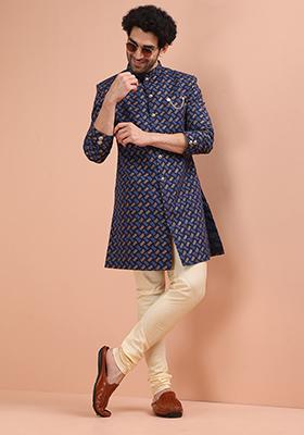 Navy Blue Printed Cotton Indo Western Sherwani Set For Men