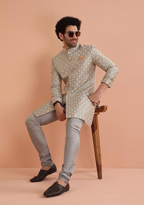 Grey Jacquard Silk Blend Indo Western Sherwani Set For Men