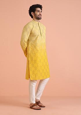 Yellow Embellished Cotton Kurta For Men