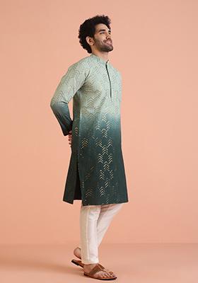 Green Embellished Cotton Kurta For Men