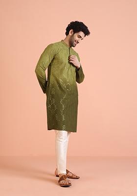 Green Embellished Cotton Kurta For Men