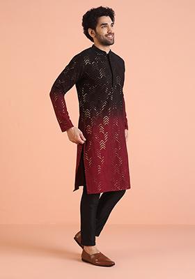 Maroon Embellished Cotton Kurta For Men