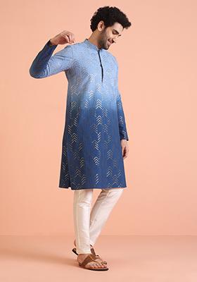 Blue Embellished Cotton Kurta For Men