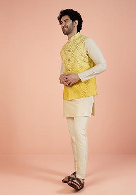 Yellow Embellished Cotton Nehru Jacket For Men