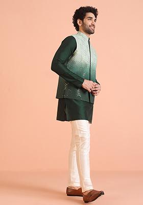 Green Embellished Cotton Nehru Jacket For Men