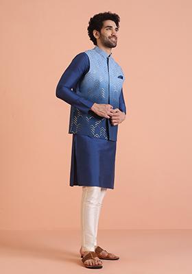 Blue Embellished Cotton Nehru Jacket For Men