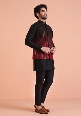 Maroon Embellished Cotton Nehru Jacket For Men