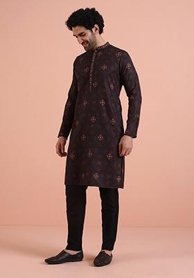 Black Printed Cotton Kurta Set For Men