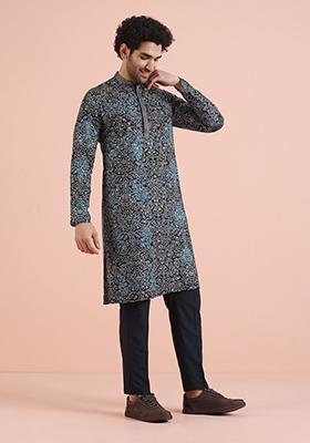 Navy Blue Printed Cotton Kurta Set For Men