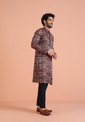 Navy Blue Printed Cotton Kurta Set For Men