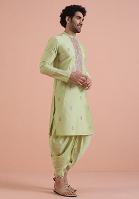 Green Embroidered Cotton Kurta Set For Men