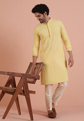 Yellow Embroidered Cotton Kurta Set For Men