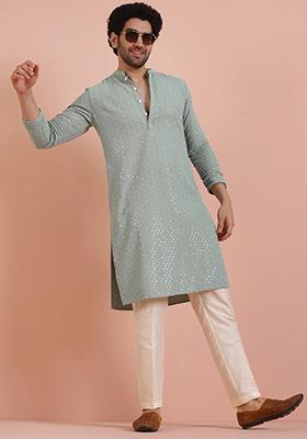 Green Embroidered Cotton Kurta Set For Men