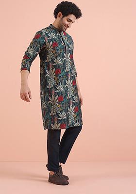 Blue Printed Cotton Kurta Set For Men