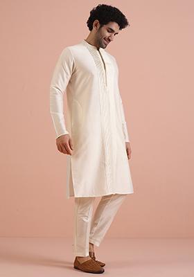 Off White Printed Cotton Kurta Set For Men