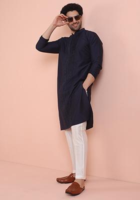 Navy Blue Printed Cotton Kurta Set For Men