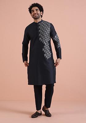 Navy Blue Printed Cotton Kurta Set For Men