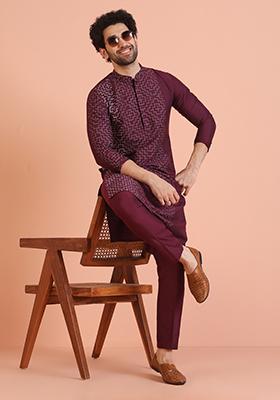 Wine Printed Cotton Kurta Set For Men