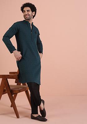 Teal Blue Jacquard Silk Blend Kurta Set For Men