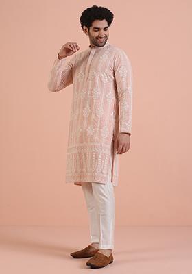 Pink Embroidered Georgette Kurta Set For Men