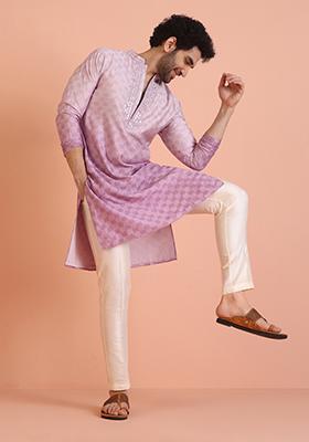 Lavender Embellished Viscose Kurta Set For Men