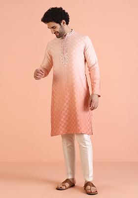 Peach Embellished Viscose Kurta Set For Men